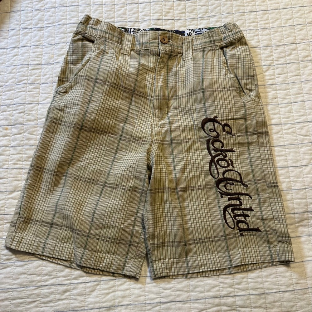 Ecko Unltd Boys Plaid Shorts Tan Green Embroidered Logo Size 12 Adjustable Waist